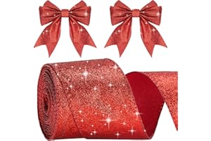 ‎G2PLUS G2PLUS Rot Schleifenband mit Draht, 6CM Breite Geschenkband Glitzer, 10M Weihnachten Drahtkantenband, Rot Weihnachten Schleifenband mit Glitzer für Geschenkverpackung, Weihnachtsbäumen Deko