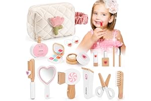 TUSEASY 16-Teiliges Schminkkoffer Mädchen Holzschminke Spielzeug, Kinderschmink- und Friseurset aus Holz, Schminkset aus Holz für Kinder-Rollenspiele, Geschenke ab 3 4 5 Jahre Mädchen