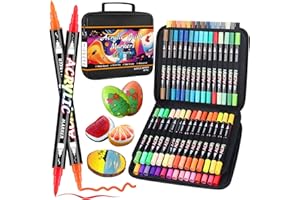 Sonlaryin Feutre Acrylique 60 Couleurs 60 Pièces, Feutre Peinture Acrylique Double Pointe Pinceau, Marqueur Acrylique pour peinture rupestre, bricolage, céramique, verre, toile, bois, Textile