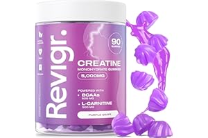 Revigr, Max 5000mg, 90 Creatine Monohydrate Gummies, Added 500mg BCAAs + 500mg L-Carnitine, Vegan & Sugar-Free, Premium Pre-Workout, Gym Supplement (1 Month Supply) (Purple Grape)