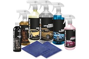 CARSHARK 8-Piece Car Interior Cleaning Kit, Cherry Dressing 500ml, Glass Cleaner 1L, Leather Cleaner 500ml, Leather Cream 250ml, Fabric Cleaner 1L, Cockpit Shine 1L, 2 x Microfibre Cloths
