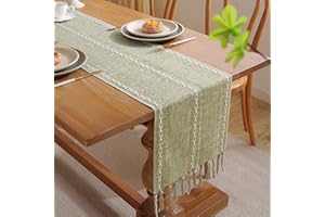 Chuqing - Runner da tavola in stile rustico e boho, con nappe, shabby chic, 32 x 200 cm, colore: verde