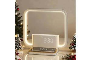 RETEYUNG Bedside Lamp with 2 Alarm Clocks, 10W Wireless Charging Function, Wake Up Light Sunrise Alarm Clock with 10 Soothing Sounds, Dimmable 3 Brightness Levels Night Light for Home Decoration