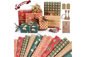 12 Fogli Carta da Regalo Natalizia Kraft, Hianjoo Carta da Regalo in Carta Kraft Riciclabile, 12 PCS Etichette Regalo con 20m Corde e Etichetta Carta da Pacchi Natale per Fai da te (70 x 50 cm)