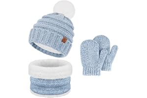 Bequemer Laden Enfants Hiver Bonnet Chaud Écharpe Cache Cou Gants Ensemble avec Pompon Doublé Polaire Cadeaux pour 2 3 4 5 6 Ans Fille Garcon Tout Petit