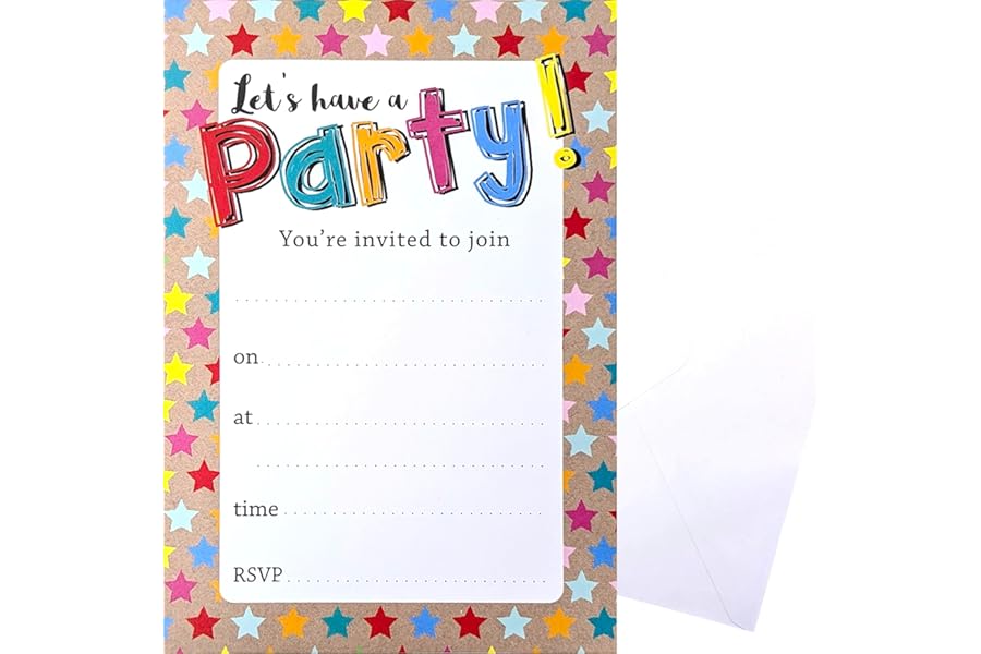 YLAB - 20 Party Invitations with White Envelopes | Colourful Star Design | Birthday, Engagement, Kids & Adults Party Invites | Fill-in Style | 19 x 13 cm | Fun Celebration Invitations