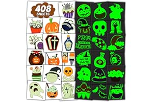 ACEVEGUE 408 Hojas Tatuajes Temporales Halloween, Fluorescentes Tatuajes Regalo para Niños, Pegatinas Adhesivos para Fiesta Halloween, Tatuajes Decoración Accesorios Halloween para Niños Niñas