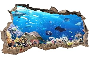 FINEST FOLIA Graz Design - Adesivo da parete 3D, effetto buco nel muro, autoadesivo, 60 x 100 cm (A x L), per camera da letto, soggiorno, motivo pesci, WL42