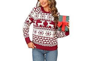Leversic Suéter Navidad Mujer Jersey Invierno Suéter de Punto de Invierno con Reno Navideño Cuello Redondo Copos de Nieve Top Navideño