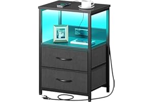 Seventable LED Bedside Table with Charging Station & 2 Storage Drawers - Small Nightstand with Double Plug Adaptor UK & 2 USB - Slim Bedside Cabinet for Bedroom Living Room Sofa Couch (1, Black)