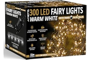 NETTA Christmas Tree Lights 300 LED 15m Fairy String Lights Plug in with Timer and Memory Functions for Outdoor/Indoor Use -Warm White