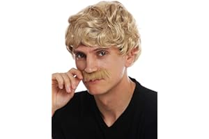WIG ME UP- 69089-ZA82A Peluca Bigote Carnaval Hombres Corta rizada Ondulada los años 70 Cowboy Rubio