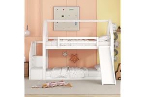 Becag Kinderbett 90x200, Etagenbett für Kinder, Hausbett Hochbett mit Stauraum Treppe und Rutsche, Holzbett mit Rausfallschutz, Einzelbett mit Lattenrost, Bettgestell aus Holz, Ohne Matratze, Weiß