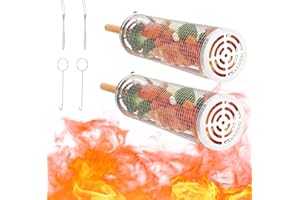 Kyrio 2PCS Rolling Grill Basket, Nesting Grill Basket with Removable Wooden Handle, BBQ Accessories Tools for Outdoor Grilling and Camping, Vegetable Shrimp, Chicken