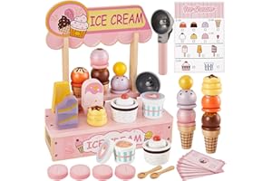 HERSITY Wooden Ice Cream Counter Shop Pretend Play Food Set, Ice Cream Cones Stand Popsicle Toy Kids Kitchen Accessories Imaginative Toys Gifts for 3+ 4 5 6 Year Old Girls Boys Toddler, Pink