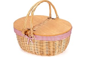 ZORMY Picknickkorb aus Weidengeflecht mit Einlage, Holz geteilter Deckel Picknickkorb, Vintage-Stil Weidenkorb Picknickkorb mit faltbarem gewebtem Griff für Picknick, Camping, Danksagung, Geburtstag (rot)