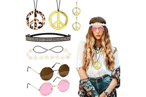 LOHAME 8pz Hippie Costume Set Retrò Accessori Bohemia Set Costume Anni '60 anni '70-Occhiali da Sole Orecchini Collana con Segno di Pace Fascia Hippie-per Festa Spiaggia Viaggio Foto