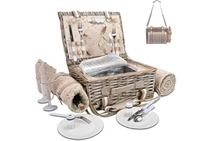 SATISINSIDE Picknickkorb für 2 Personen mit isoliertem Futter und wasserdichter Picknickdecke, Weinbeutel, großer Weidenkorb für Camping, Outdoor, Valentinstag für Paare, Kirschrot, 19 Stück