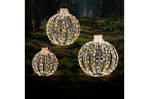 GYMAX Set di 3 Palle Luminose Natalizie a LED, Luce a Sfera da Appendere con 30 Fascette e 6 Picchetti, Globi Luminosi con Struttura in Ferro per Alberi, Prati e Giardini da Interno ed Esterno