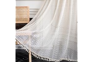 ‎TOSPASS Tospass Vintage Landhausstil Häkeln Stricken Vorhang Boho Bohemien Vorhänge Aushöhlen mit Quaste 2er Set Gardinen Outdoor Baumwolle Gardienen für Wohnzimmer Schlafzimmer Curtains 150x160 cm Beige