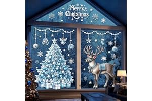 EDONKVI Stickers Noel Fenetre 118 PCS,Deco Fenetre Noel Electrostatique XXL,Grand Autocollant Noël Vitre Reutilisable,Décoration Fenêtre Bleu PVC Arbre de Noël Renne pour Decoration Noel Interieur Maison