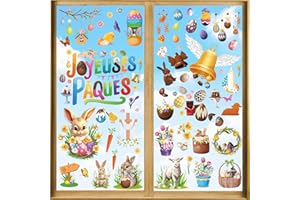 DPKOW Français Joyeuses Pâques Fenêtre Autocollants Décorations, 9 x Pâques Stickers Vitre Décorations Pâques Autocollants Pour Pâques Fenêtre Porte Décorations, Chocolat Cloches Pâques Œufs Couronne