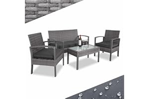 Casaria® Salon de Jardin en Polyrotin Anthracite 4 Personnes 2 chaises 1 Banc Meubles d'extérieur Jardin terrasse Balcon