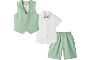 LOLANTA 4 pièces Costume Enfant Garcon Mariage Ete, Vetements Garcon Ceremonie, Ensemble Costume Short Gilet Chemise avec nœud Papillon pour 2-12 Ans