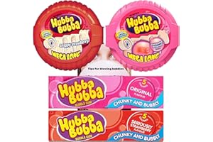 Bubble Gum Bundle With Hubba Bubba Gum Tape Mega Long 1x Snappy Strawberry, 1x Fancy Fruit, 1x Seriously Strawberry Gum (5pcs), 1x Original Gum (5pcs) and JenBurr Leaflet