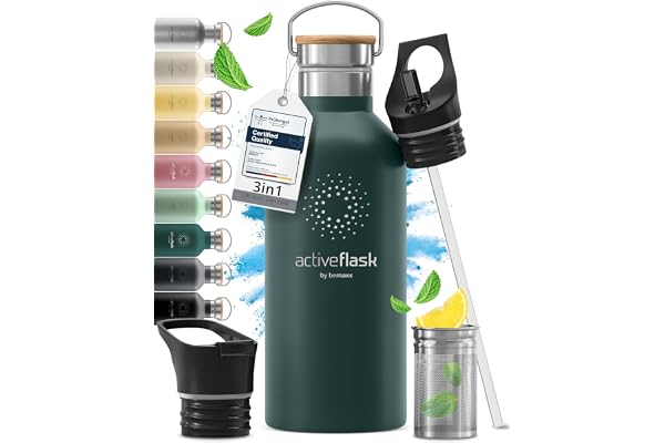 Gourde Inox Isotherme ACTIVE FLASK 1l/500ml sans BPA + Paille (3 Bouchons) | Bouteille d’eau Acier Inoxydable Isolée, Thermos Réutilisable | Camping Velo Sport Running Randonnée Enfant, Café The