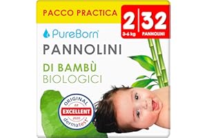 PureBorn 32 Pannolini Taglia 2 (3-6 kg), Ipoallergenico, Ultra assorbente, Pannolini 2-4 mesi, Dermatologicamente testato, anti perdita, pannolino di alta qualità naturali bambù