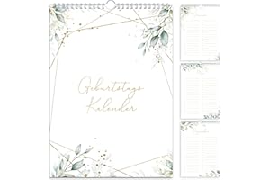 E&G KLASSE Kalendarz urodzinowy bez daty, planer urodzinowy, kalendarz ścienny A5, zawsze niezależny od roku, układ urodzinowy do zawieszenia, wzór eukaliptusa, zielone liście