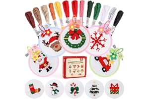 Caydo 46 Kit per Punto Croce Natalizio per Bambini - 10 Motivi Stampati, 5 Mini Cerchi da Ricamo, 13 Matasse di Filo, 5 Portachiavi, Strumenti e Istruzioni