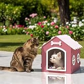 GOBYPET Ahşap Dekoratif Kedi ve K&ouml;pek Evi ve Minderi, K&ouml;pek Kul&uuml;besi, MDF materyal (pembe, standart)