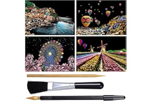 YOLEV 4 Stück Kratzkunst für Erwachsene Kratzbilder Set Scratch Paper Regenbogen Painting Nachtszene Landschaft Kratzpapier A4 Kratzmalerei Kassette Kratzmalwerkzeug Kreatives DIY Kunsthandwerk Kratzbild