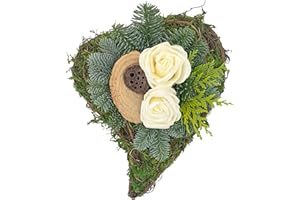 Passion MaDe Rebenherz Grabgesteck Grabschmuck Grabaufleger Grab Urnengrab Friedhof Totensonntag Allerheiligen wetterfest Tannengrün frische Tanne Herz braun 2 Rosen Creme Lotus (24)