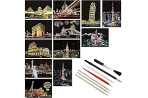 Lusofie 12 Hojas Papel Arcoíris para Rascar Almohadillas para Dibujar Manualidades Almohadillas para Rascar de Escena Nocturna para Adultos y Niños Kit de Artes y Manualidades con 6 Herramientas