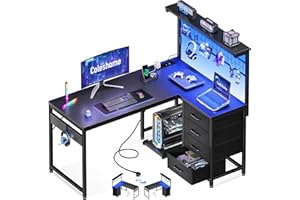 Coleshome Stolik gamingowy z diodami LED, 110 x 80 cm, dwustronne biurko gamingowe z szufladami i gniazdkami, narożne biurko z półką i miejscem do przechowywania, włókno węglowe, kolor czarny