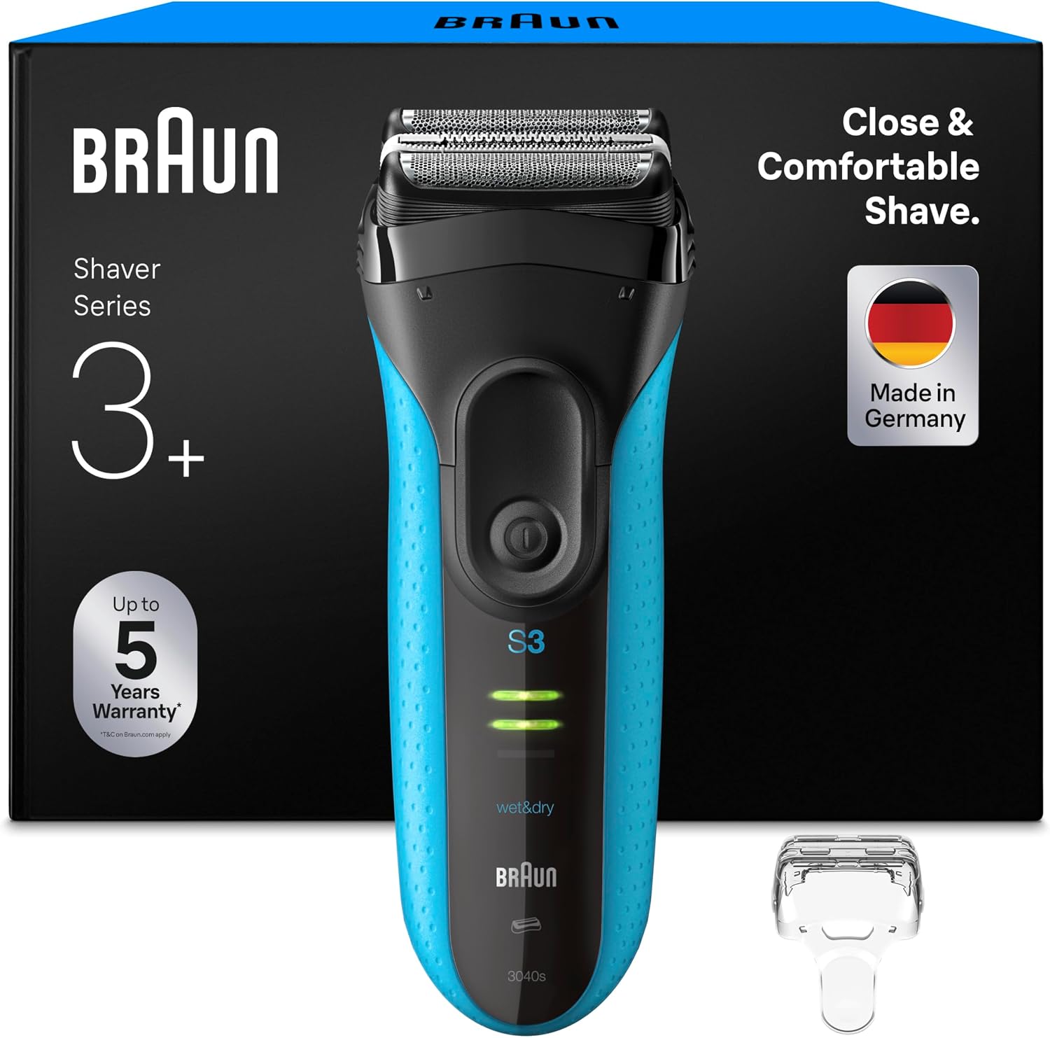 Braun Series 3 ProSkin Electric Shaver, 3040si, Black/Blue - Wet & Dry Electric Razor for Men, Pop Up Precision Trimmer, Rechargeable, Cordless, Designed in Germany