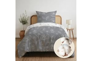 Dreamzie 1 påslakan 135x200 med 1 örngott 80x80 – Grå Gingko mönster – Sängset i bomull – Dragkedja – Oeko-Tex – Tvättbar 60°