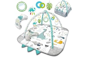 Ricokids Mata Edukacyjna 3w1 Interaktywna dla Niemowląt - Dwustronna - 2 Pałąki 7 Zabawek i Poduszka Tummy Tie - 110 x 100cm Dinozaur