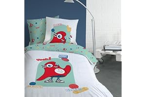 OMYDREAM Paris 2024 JO Mascotte Olympique Allez Parure de lit Enfant 1 Personne | 100% Coton | Oeko-TEX | Housse de Couette 140x200 cm + 1 Taie d'oreiller 63x63 cm | Imprimé réversible | Blanc