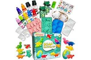 BARVERE Seife Selber Machen Kinder, 500g Seife, 14 Formen, 7 Pigment, 2 Essentielle Öle, 2 Geschenktasche, DIY-Werkzeuge, Seifen Selber Machen Set Erwachsene, Kindergeburtstag Geschenk (Dino)