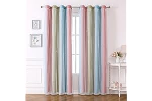 ‎FREYAMY Freyamy Curtains Pink Green White Shiny Stars, Opaque, Children's Room, Semi-Transparent, H 200 x W 100 cm Eyelet Set of 2 Girls' and Children's Curtains, Blackout, Living Room