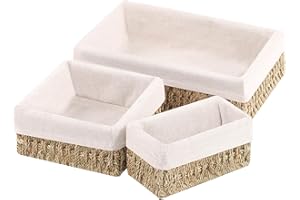 OUTBROS Juego de Tres Piezas Cesta de Almacenamiento, Caja Rectangulares de Mimbre, Contenedores Tejidas Apilables, Organización del Espacio del Baño, Cuerda de Hierba, STB202-Q