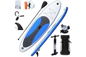 HomeMiYN Planche de Stand Up Paddle Gonflable Portable Antidérapante en EVA avec Pagaie Rétractable, Pompe à Air, Sac à Dos, Boîte de Réparation, Aileron, Support de Caméra
