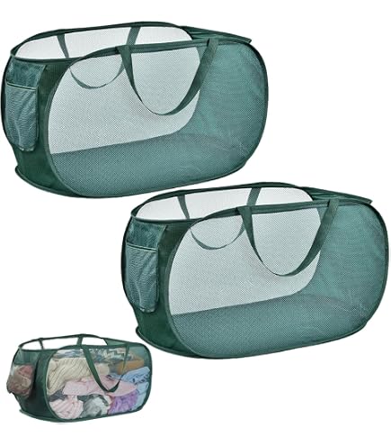 Set De 2 Paniers à Linge Pliables Pop Up - 75L Chacun - Mesh Ventilé - Vert - Idéal Rangement Maison