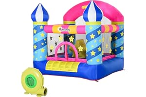 Outsunny Kids Bouncy Castle Indoor Outdoor, Inflatable Trampoline Basket with Blower for Age 3-8 Castle Stars Design 1.95 x 1.95 x 2.15m