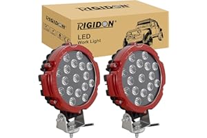 RIGIDON 2 Pcs Faro da Lavoro Led, Rosso Rotondo 7 Pollici 18 cm 51W Flood Luci di Lavoro a Led, Per Fuoristrada Auto Trattore Escavatore Camion SUV ATV 4x4, Faretti Fendinebbia 12V 24V 6000K Bianca