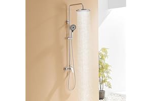 Auralum Columna Ducha con Grifo de Latón, Rociador Ducha Ø26 cm Redondo, Duchas de Baño columna y Alcachofa de Ducha 3 Modos, Barra de Ducha Altura Regulable 103-139cm, Plata